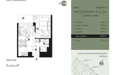 Rzut - Mieszkanie na sprzedaż 2 pokoje o powierzchni 34,12 m² - numer A.0.08 w Nickel Resort & Wellnest Szklarska Poręba
