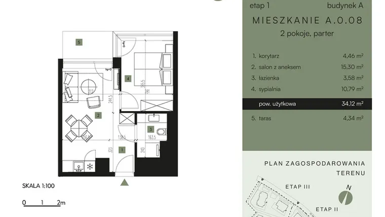 Rzut - Mieszkanie na sprzedaż 2 pokoje o powierzchni 34,12 m² - numer A.0.08 w Nickel Resort & Wellnest Szklarska Poręba