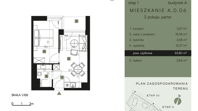 Rzut - Mieszkanie na sprzedaż 2 pokoje o powierzchni 33,8 m² - numer A.0.06 w Nickel Resort & Wellnest Szklarska Poręba