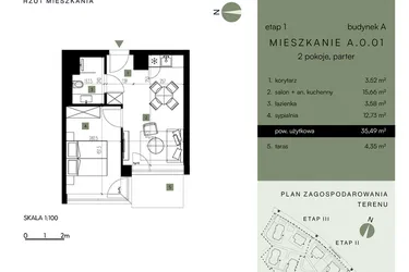 Rzut - Mieszkanie na sprzedaż 2 pokoje o powierzchni 35,49 m² - numer A.0.01 w Nickel Resort & Wellnest Szklarska Poręba