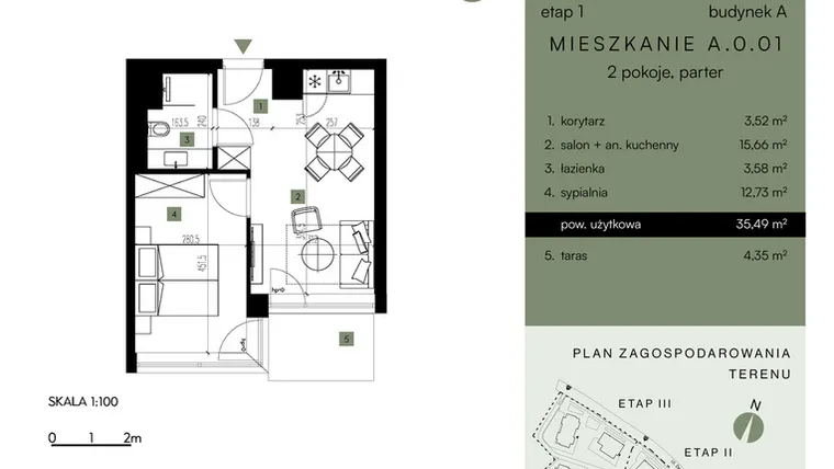 Rzut - Mieszkanie na sprzedaż 2 pokoje o powierzchni 35,49 m² - numer A.0.01 w Nickel Resort & Wellnest Szklarska Poręba