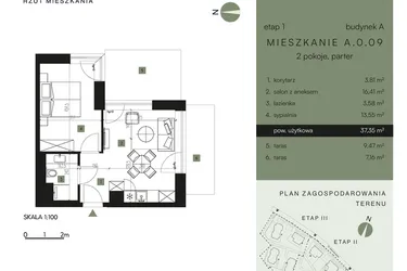 Rzut - Mieszkanie na sprzedaż 2 pokoje o powierzchni 37,35 m² - numer A.0.09 w Nickel Resort & Wellnest Szklarska Poręba