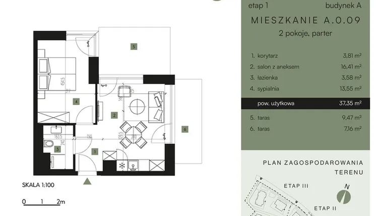 Rzut - Mieszkanie na sprzedaż 2 pokoje o powierzchni 37,35 m² - numer A.0.09 w Nickel Resort & Wellnest Szklarska Poręba