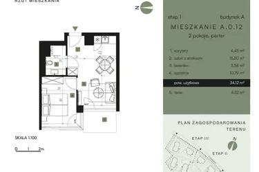 Rzut - Mieszkanie na sprzedaż 2 pokoje o powierzchni 34,12 m² - numer A.0.12 w Nickel Resort & Wellnest Szklarska Poręba