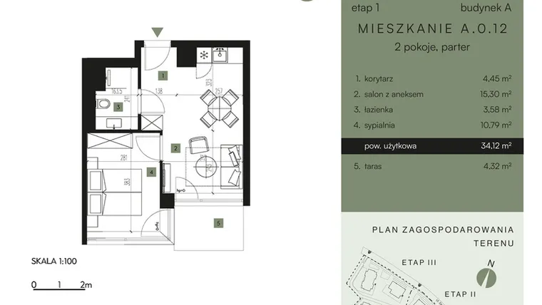 Rzut - Mieszkanie na sprzedaż 2 pokoje o powierzchni 34,12 m² - numer A.0.12 w Nickel Resort & Wellnest Szklarska Poręba - apartamenty inwestycyjne