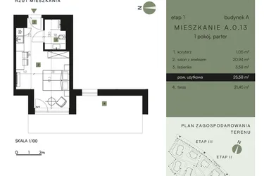 Rzut - Mieszkanie na sprzedaż 1 pokój o powierzchni 25,58 m² - numer A.0.13 w Nickel Resort & Wellnest Szklarska Poręba - apartamenty inwestycyjne