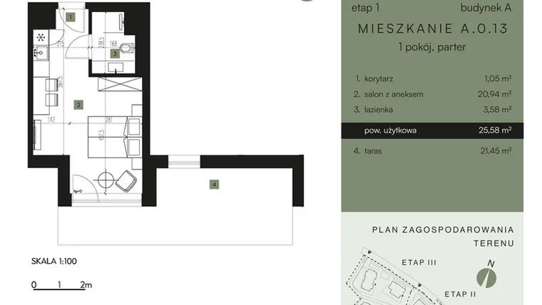 Rzut - Mieszkanie na sprzedaż 1 pokój o powierzchni 25,58 m² - numer A.0.13 w Nickel Resort & Wellnest Szklarska Poręba - apartamenty inwestycyjne