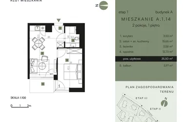 Rzut - Mieszkanie na sprzedaż 2 pokoje o powierzchni 35,5 m² - numer A.1.14 w Nickel Resort & Wellnest Szklarska Poręba