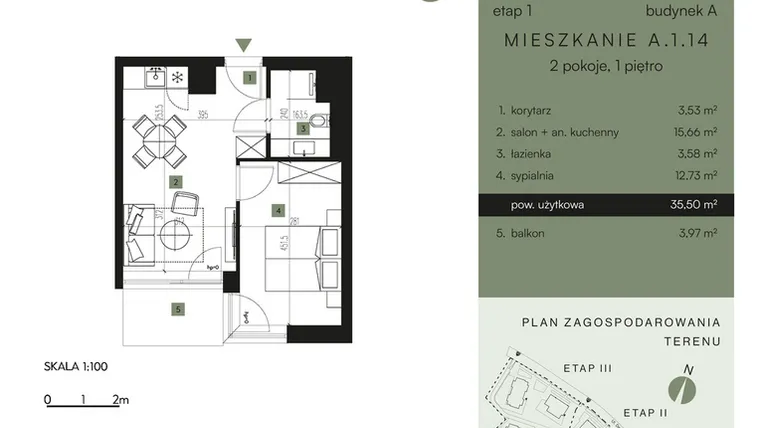 Rzut - Mieszkanie na sprzedaż 2 pokoje o powierzchni 35,5 m² - numer A.1.14 w Nickel Resort & Wellnest Szklarska Poręba