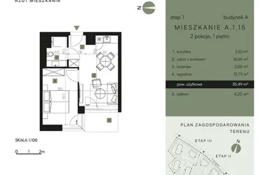 Rzut - Mieszkanie na sprzedaż 2 pokoje o powierzchni 35,49 m² - numer A.1.15 w Nickel Resort & Wellnest Szklarska Poręba