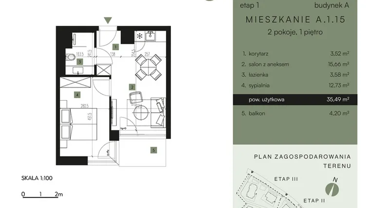 Rzut - Mieszkanie na sprzedaż 2 pokoje o powierzchni 35,49 m² - numer A.1.15 w Nickel Resort & Wellnest Szklarska Poręba