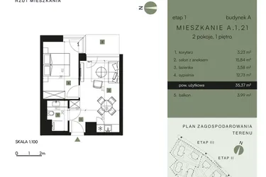 Rzut - Mieszkanie na sprzedaż 2 pokoje o powierzchni 35,37 m² - numer A.1.21 w Nickel Resort & Wellnest Szklarska Poręba