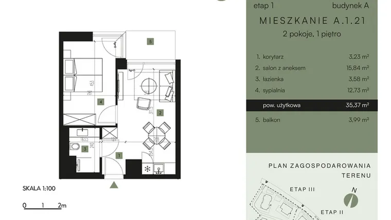 Rzut - Mieszkanie na sprzedaż 2 pokoje o powierzchni 35,37 m² - numer A.1.21 w Nickel Resort & Wellnest Szklarska Poręba