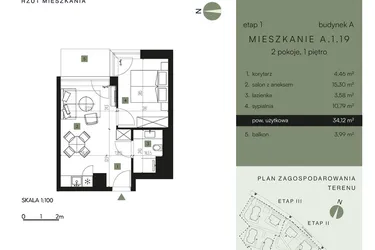 Rzut - Mieszkanie na sprzedaż 2 pokoje o powierzchni 34,12 m² - numer A.1.19 w Nickel Resort & Wellnest Szklarska Poręba - apartamenty inwestycyjne