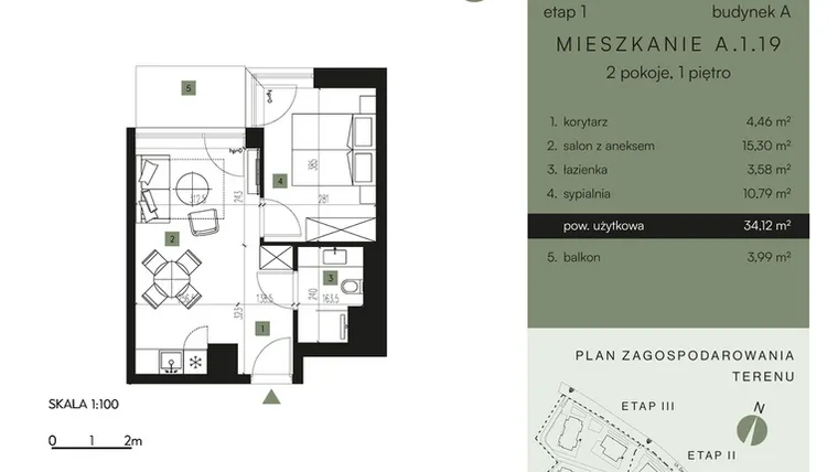 Rzut - Mieszkanie na sprzedaż 2 pokoje o powierzchni 34,12 m² - numer A.1.19 w Nickel Resort & Wellnest Szklarska Poręba - apartamenty inwestycyjne