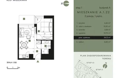 Rzut - Mieszkanie na sprzedaż 2 pokoje o powierzchni 34,12 m² - numer A.1.22 w Nickel Resort & Wellnest Szklarska Poręba