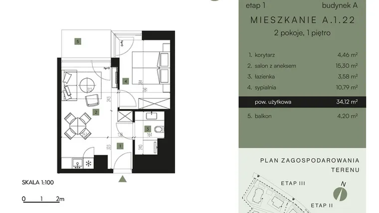 Rzut - Mieszkanie na sprzedaż 2 pokoje o powierzchni 34,12 m² - numer A.1.22 w Nickel Resort & Wellnest Szklarska Poręba