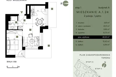 Rzut - Mieszkanie na sprzedaż 2 pokoje o powierzchni 42,23 m² - numer A.1.24 w Nickel Resort & Wellnest Szklarska Poręba