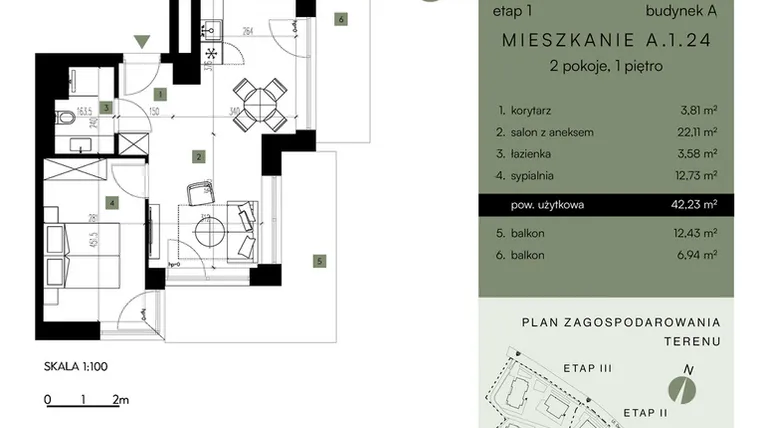 Rzut - Mieszkanie na sprzedaż 2 pokoje o powierzchni 42,23 m² - numer A.1.24 w Nickel Resort & Wellnest Szklarska Poręba
