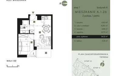 Rzut - Mieszkanie na sprzedaż 2 pokoje o powierzchni 34,12 m² - numer A.1.26 w Nickel Resort & Wellnest Szklarska Poręba