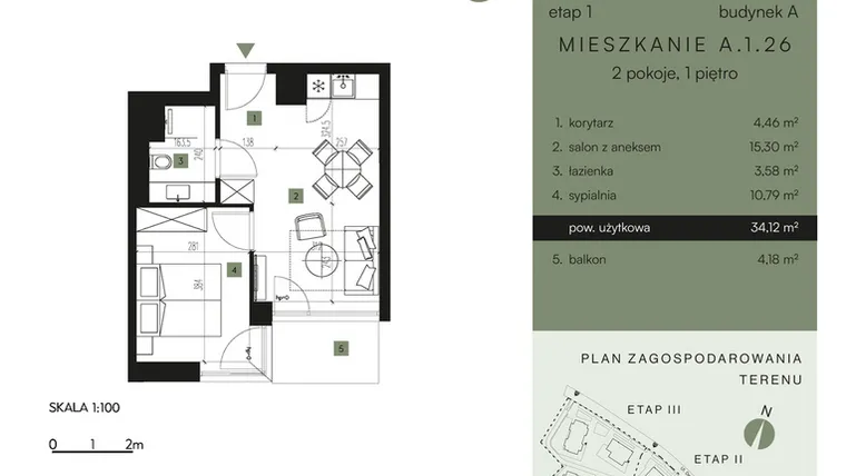Rzut - Mieszkanie na sprzedaż 2 pokoje o powierzchni 34,12 m² - numer A.1.26 w Nickel Resort & Wellnest Szklarska Poręba