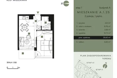 Rzut - Mieszkanie na sprzedaż 2 pokoje o powierzchni 35,6 m² - numer A.1.25 w Nickel Resort & Wellnest Szklarska Poręba