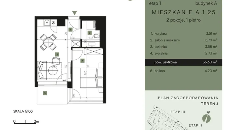 Rzut - Mieszkanie na sprzedaż 2 pokoje o powierzchni 35,6 m² - numer A.1.25 w Nickel Resort & Wellnest Szklarska Poręba