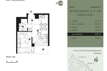 Rzut - Mieszkanie na sprzedaż 2 pokoje o powierzchni 34,12 m² - numer A.2.39 w Nickel Resort & Wellnest Szklarska Poręba