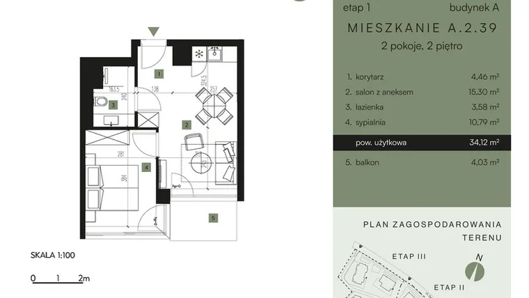 Rzut - Mieszkanie na sprzedaż 2 pokoje o powierzchni 34,12 m² - numer A.2.39 w Nickel Resort & Wellnest Szklarska Poręba