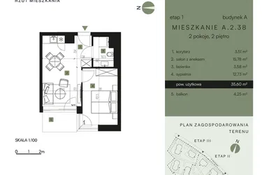 Rzut - Mieszkanie na sprzedaż 2 pokoje o powierzchni 35,6 m² - numer A.2.38 w Nickel Resort & Wellnest Szklarska Poręba