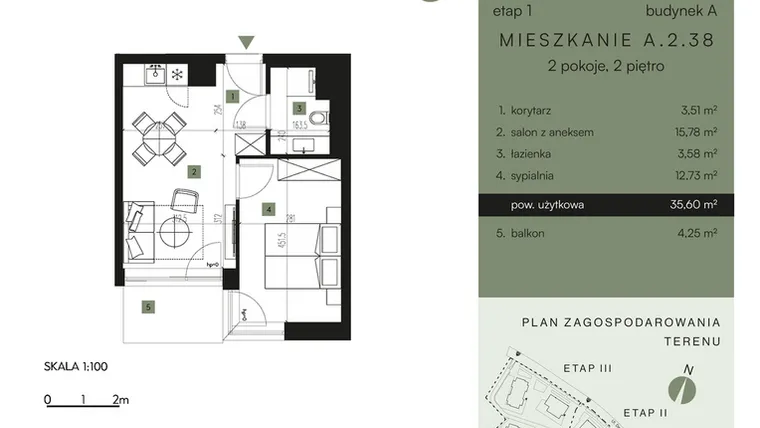 Rzut - Mieszkanie na sprzedaż 2 pokoje o powierzchni 35,6 m² - numer A.2.38 w Nickel Resort & Wellnest Szklarska Poręba