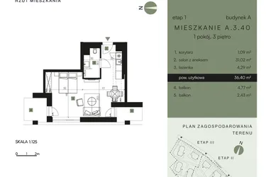 Rzut - Mieszkanie na sprzedaż 1 pokój o powierzchni 36,4 m² - numer A.3.40 w Nickel Resort & Wellnest Szklarska Poręba