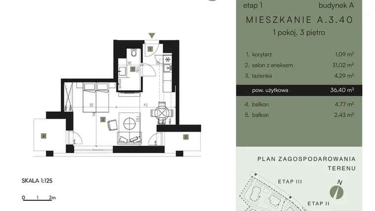 Rzut - Mieszkanie na sprzedaż 1 pokój o powierzchni 36,4 m² - numer A.3.40 w Nickel Resort & Wellnest Szklarska Poręba