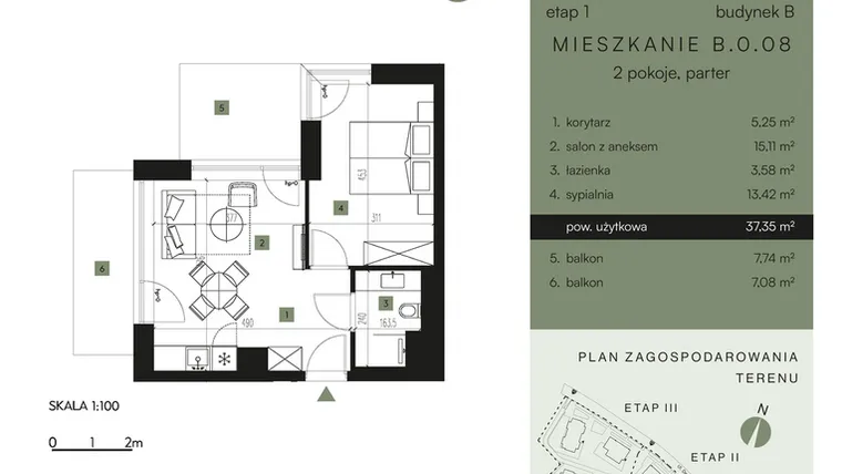 Rzut - Mieszkanie na sprzedaż 2 pokoje o powierzchni 37,35 m² - numer B.0.08 w Nickel Resort & Wellnest Szklarska Poręba