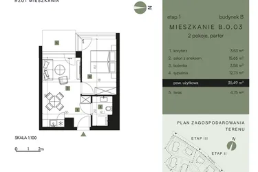 Rzut - Mieszkanie na sprzedaż 2 pokoje o powierzchni 35,49 m² - numer B.0.03 w Nickel Resort & Wellnest Szklarska Poręba