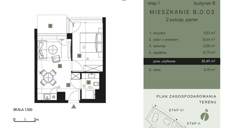 Rzut - Mieszkanie na sprzedaż 2 pokoje o powierzchni 35,49 m² - numer B.0.03 w Nickel Resort & Wellnest Szklarska Poręba