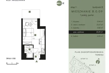 Rzut - Mieszkanie na sprzedaż 1 pokój o powierzchni 25,59 m² - numer B.0.09 w Nickel Resort & Wellnest Szklarska Poręba - apartamenty inwestycyjne