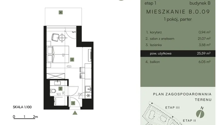 Rzut - Mieszkanie na sprzedaż 1 pokój o powierzchni 25,59 m² - numer B.0.09 w Nickel Resort & Wellnest Szklarska Poręba - apartamenty inwestycyjne