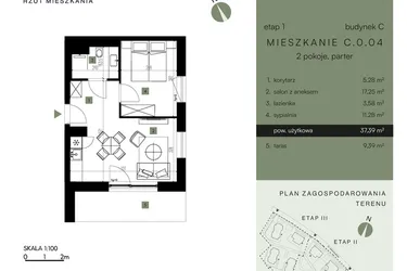 Rzut - Mieszkanie na sprzedaż 2 pokoje o powierzchni 37,39 m² - numer C.0.04 w Nickel Resort & Wellnest Szklarska Poręba - apartamenty inwestycyjne