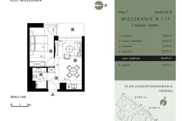 Rzut - Mieszkanie na sprzedaż 2 pokoje o powierzchni 35,49 m² - numer B.1.17 w Nickel Resort & Wellnest Szklarska Poręba - apartamenty inwestycyjne