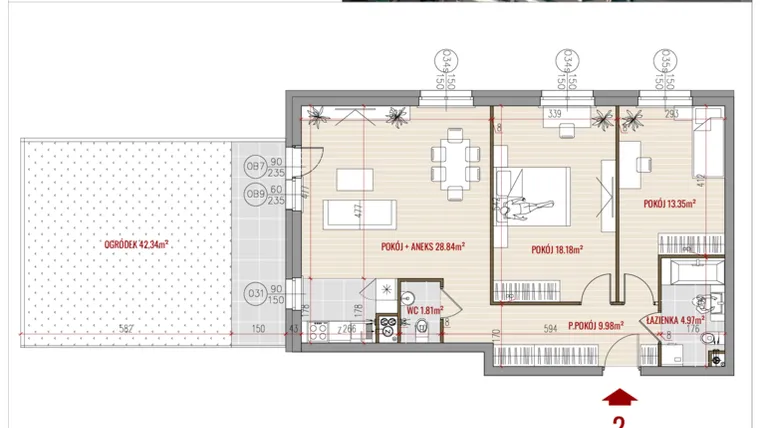 Rzut - Mieszkanie na sprzedaż 3 pokoje o powierzchni 77,13 m² - numer 2 w HUZAR B3