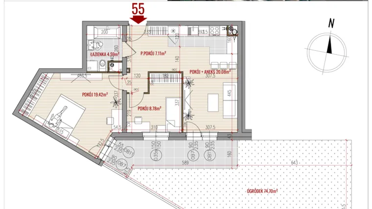 Rzut - Mieszkanie na sprzedaż 3 pokoje o powierzchni 60,88 m² - numer 55 w HUZAR B3