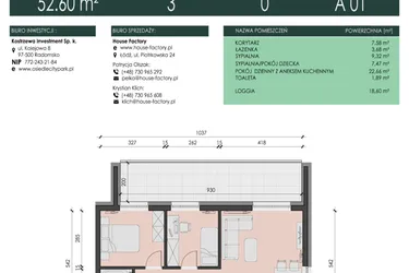 Rzut - Mieszkanie na sprzedaż 3 pokoje o powierzchni 52,6 m² - numer 1 w Osiedle City Park