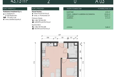 Rzut - Mieszkanie na sprzedaż 2 pokoje o powierzchni 43,15 m² - numer 3 w Osiedle City Park
