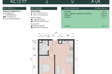 Rzut - Mieszkanie na sprzedaż 2 pokoje o powierzchni 43,15 m² - numer 4 w Osiedle City Park