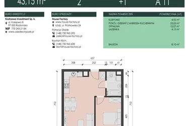 Rzut - Mieszkanie na sprzedaż 2 pokoje o powierzchni 43,15 m² - numer 11 w Osiedle City Park