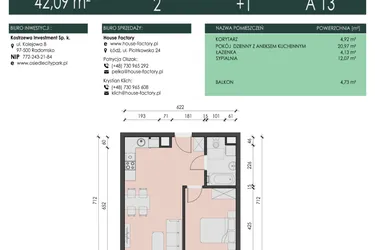 Rzut - Mieszkanie na sprzedaż 2 pokoje o powierzchni 42,09 m² - numer 13 w Osiedle City Park