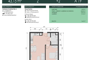 Rzut - Mieszkanie na sprzedaż 2 pokoje o powierzchni 43,15 m² - numer 19 w Osiedle City Park
