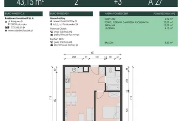 Rzut - Mieszkanie na sprzedaż 2 pokoje o powierzchni 43,15 m² - numer 27 w Osiedle City Park