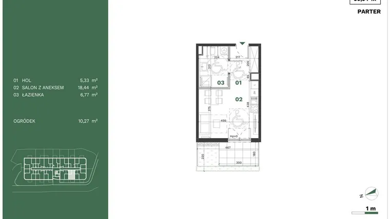 Rzut - Mieszkanie na sprzedaż 1 pokój o powierzchni 30,54 m² - numer 12 w Przewóz Solar Garden